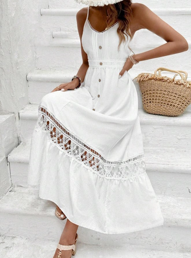 Vestido Longo Branco com Renda Boho