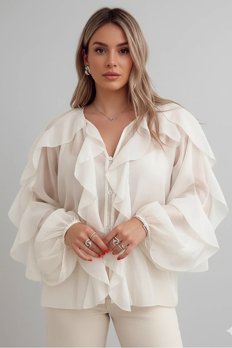 Blusa em Chiffon com Babados Off White