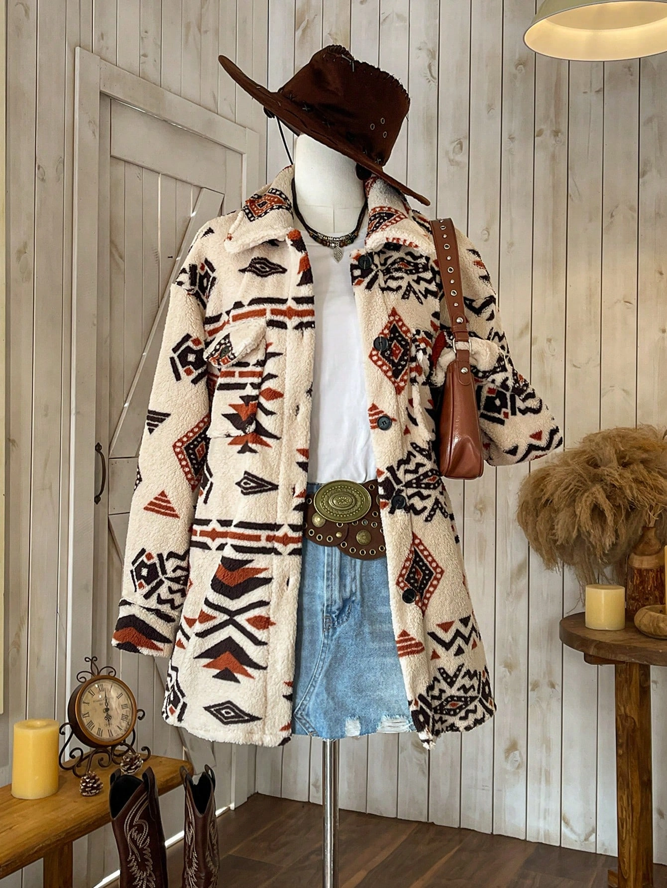 Casaco Boho Alongado com Estampa Geométrica
