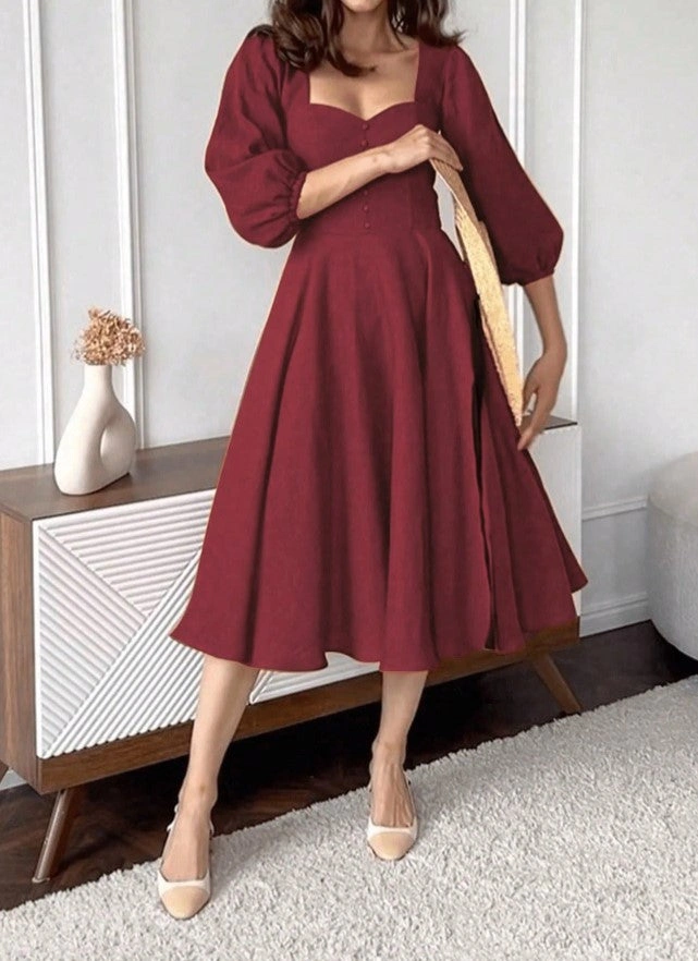 Vestido Midi Helena com Mangas Bufantes