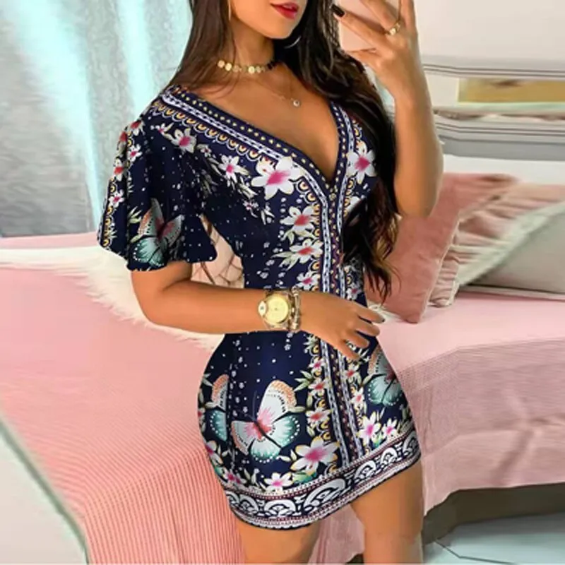 Vestido Curto Decote V Floral