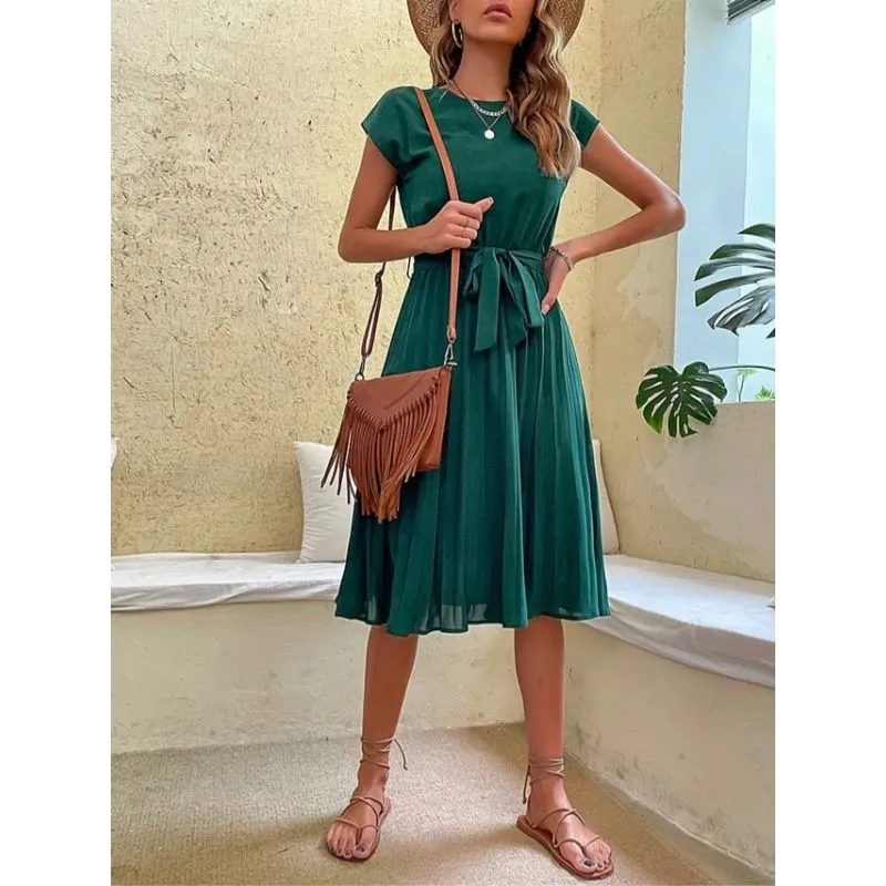 Vestido Midi Plissado com Faixa