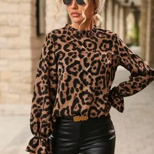 Blusa Leopardo Gola Plissada