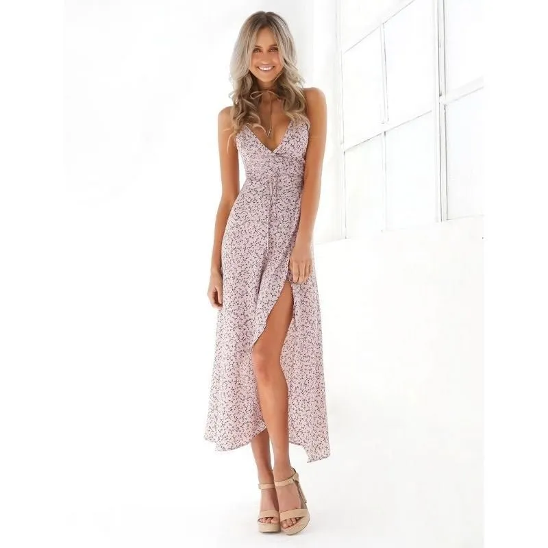 Vestido Longo com Fenda Floral