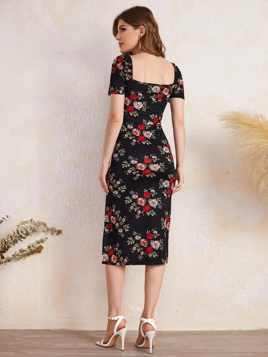 Vestido Midi Floral Bodycon