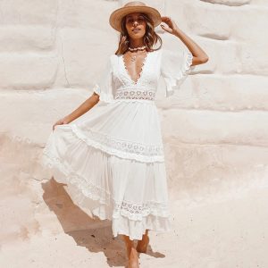 Vestido Midi Boho Chic Branco com Renda